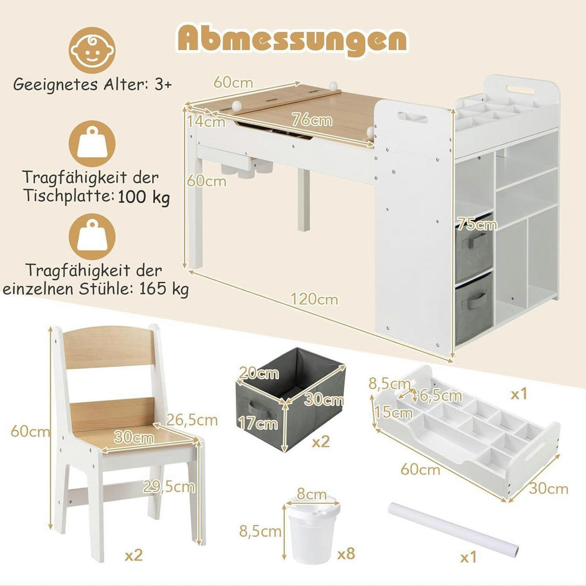 KINDERTISCH mit 2 Stühlen 3-teiliges Set Natur - Weiß, Holz (60/60/120cm)