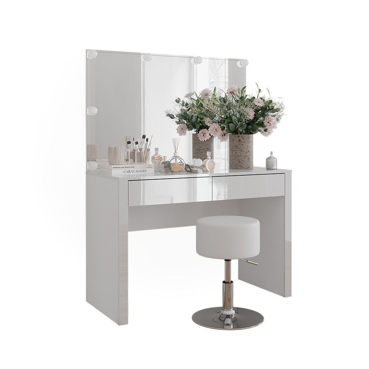 SCHMINKTISCH Annabelle Weiß Hochglanz/Weiß 110 cm mit LED-Beleuchtung und Hocker - Weiß Hochglanz/Weiß, Holzwerkstoff (110/75.5/50cm) - Vicco