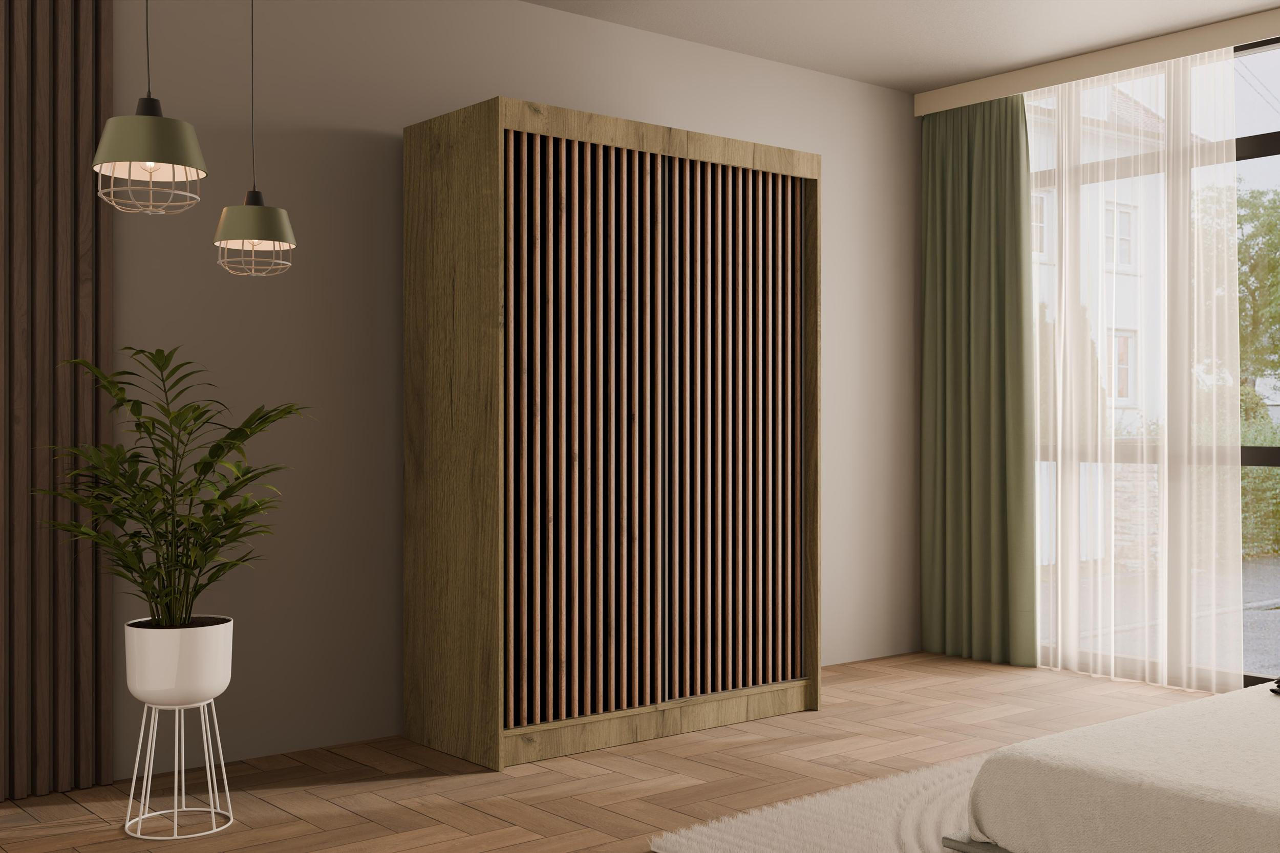 KLEIDERSCHRANK mit Lamel-Schiebetüren VILANv2 - 120 cm Eiche Kraft + Lamelle Eiche Wotan - Hellbraun/Eiche Wotan, Holzwerkstoff (120/215/61cm) - ALTDECOR