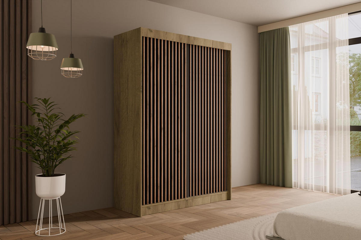 KLEIDERSCHRANK mit Lamel-Schiebetüren VILANv2 - 120 cm Eiche Kraft + Lamelle Eiche Wotan - Hellbraun/Eiche Wotan, Holzwerkstoff (120/215/61cm) - ALTDECOR