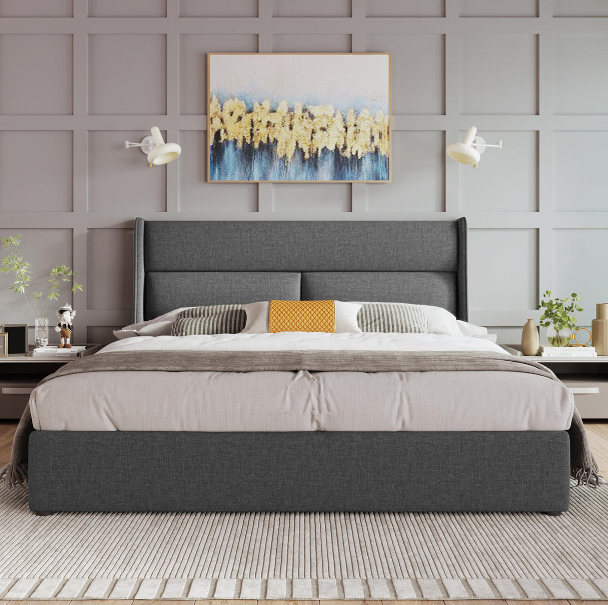 BETT mit Stauraum und Kopfteilverstellung 140x200 cm Leinen Grau - Grau, Metall (140/200cm) - Meubliv