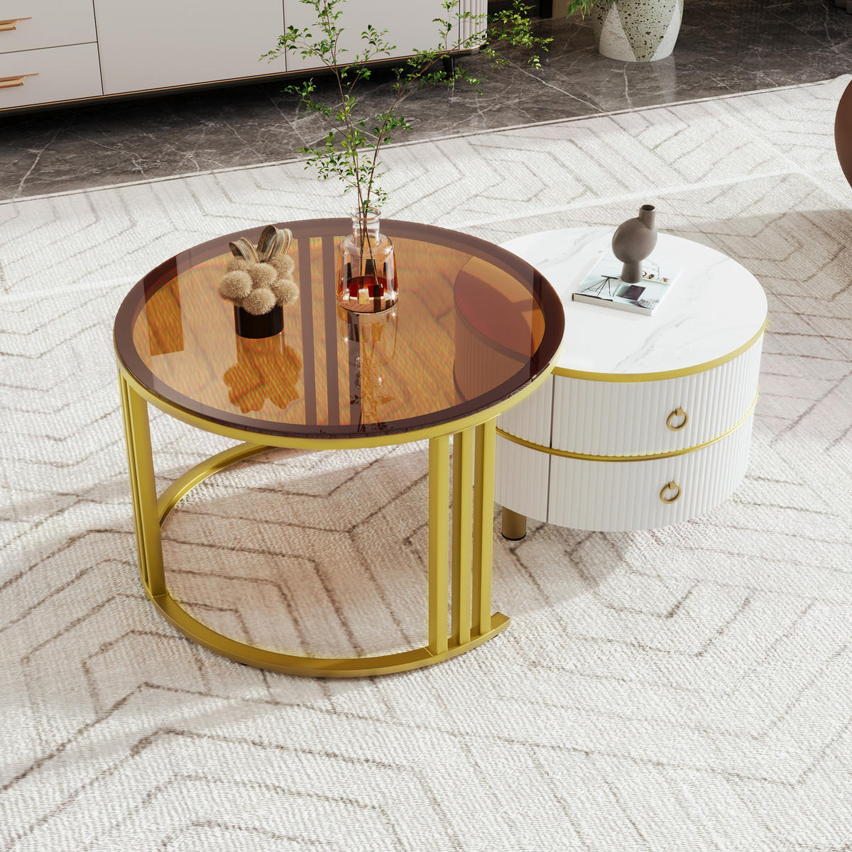 COUCHTISCH-SET 2-teilig, rund, MDF & Hartglas, 2 Schubladen, 70/70/45 + 50/50/40 cm，Weiß - Weiß, Holzwerkstoff (70/70/45cm) - Redom