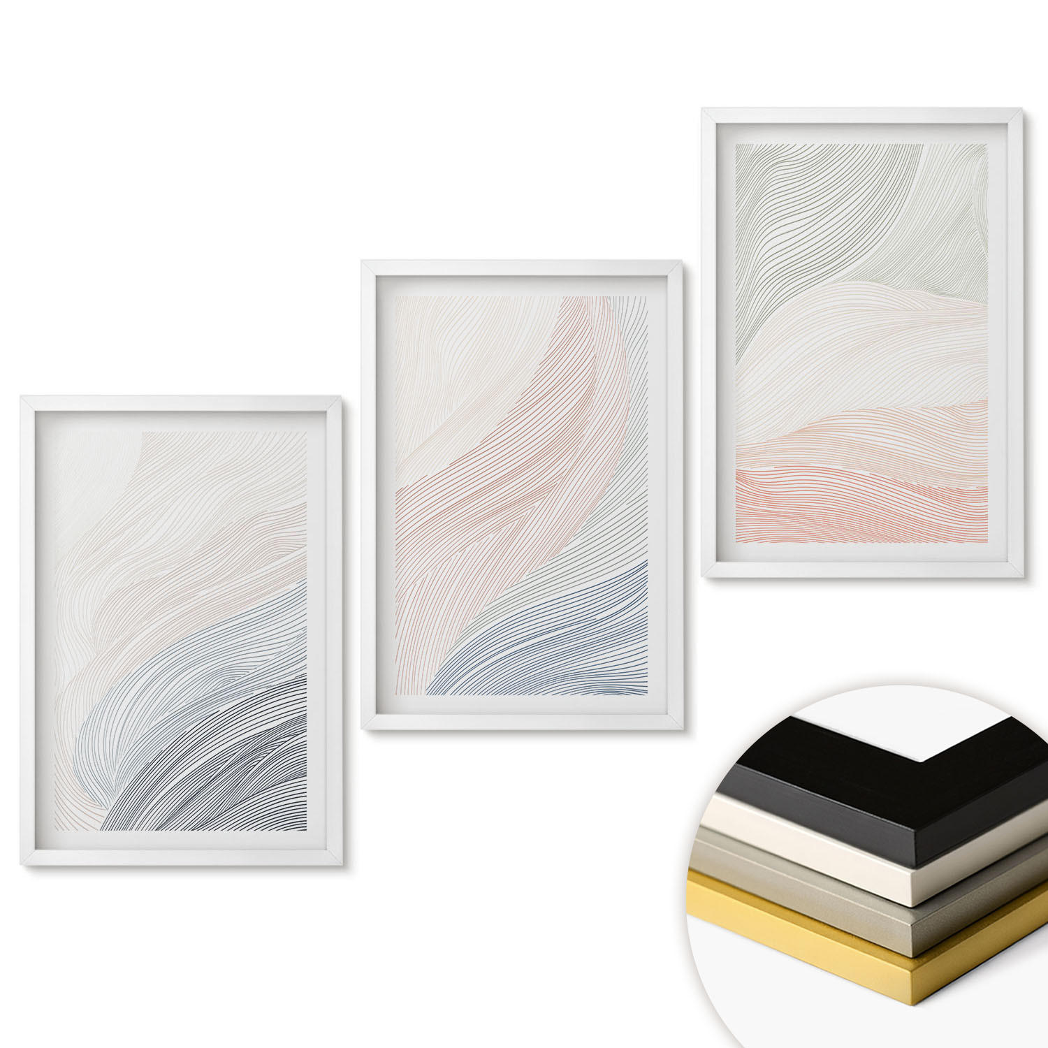 WANDBILDER 3er-Set - 40x60 cm Weißer Rahmen - Abstrakte Wellen, Karton, Pastell - Weiß, Kunststoff (40/60cm) - ArtPrintCave