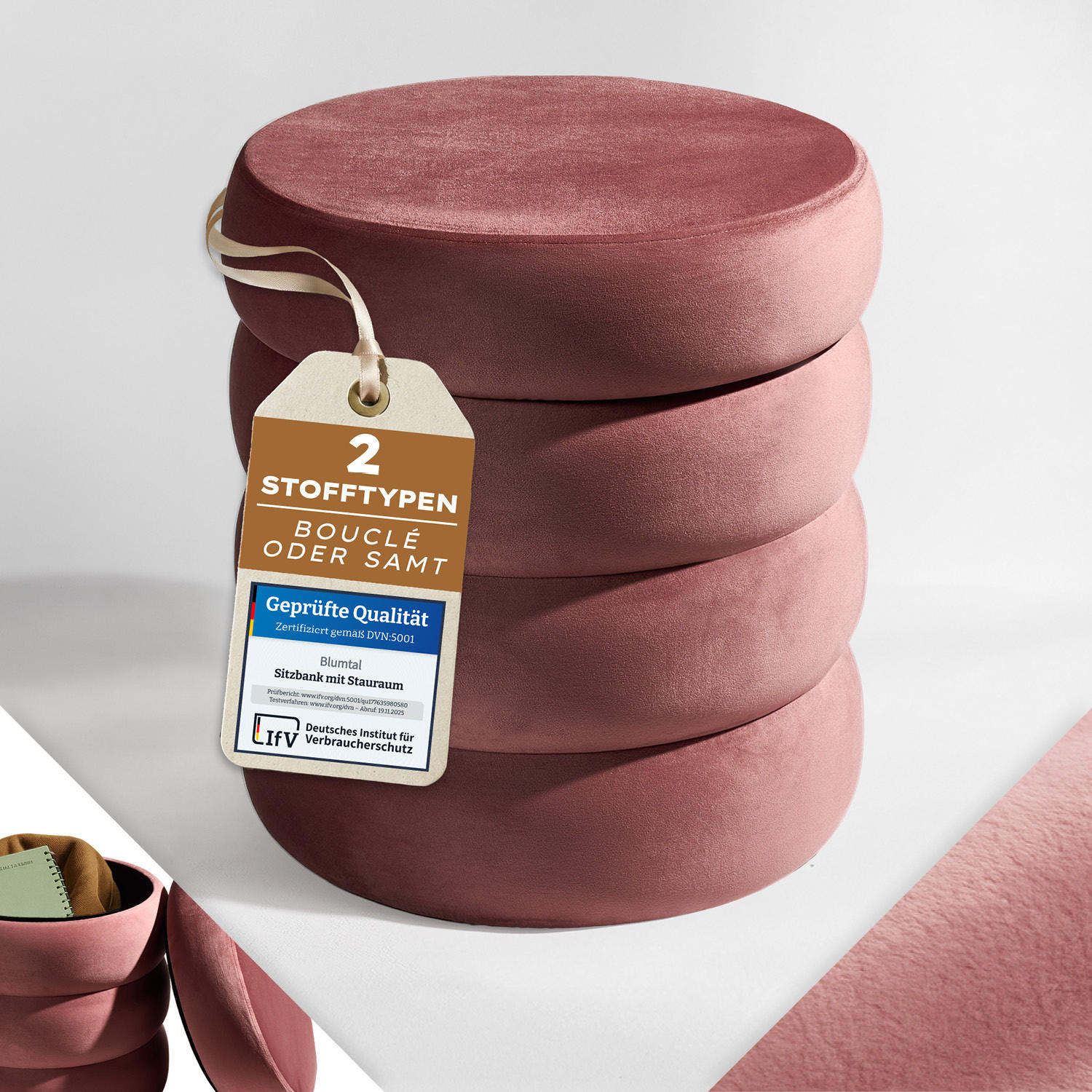 SAMTHOCKER mit Stauraum Rund – Samt Pouf Rosa (42x42x47 cm) - Rosa, Textil (42/47/42cm) - Blumtal