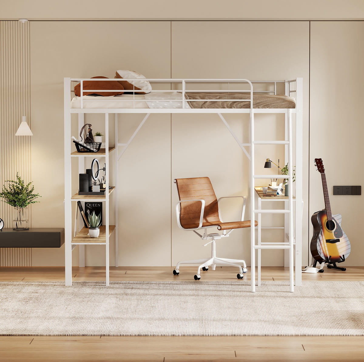 HOCHBETT 90/200 cm Weiß aus Metall und MDF mit Schreibtisch und 3 Ablagen - Weiß, Holzwerkstoff (90/200cm) - OKMYHOME