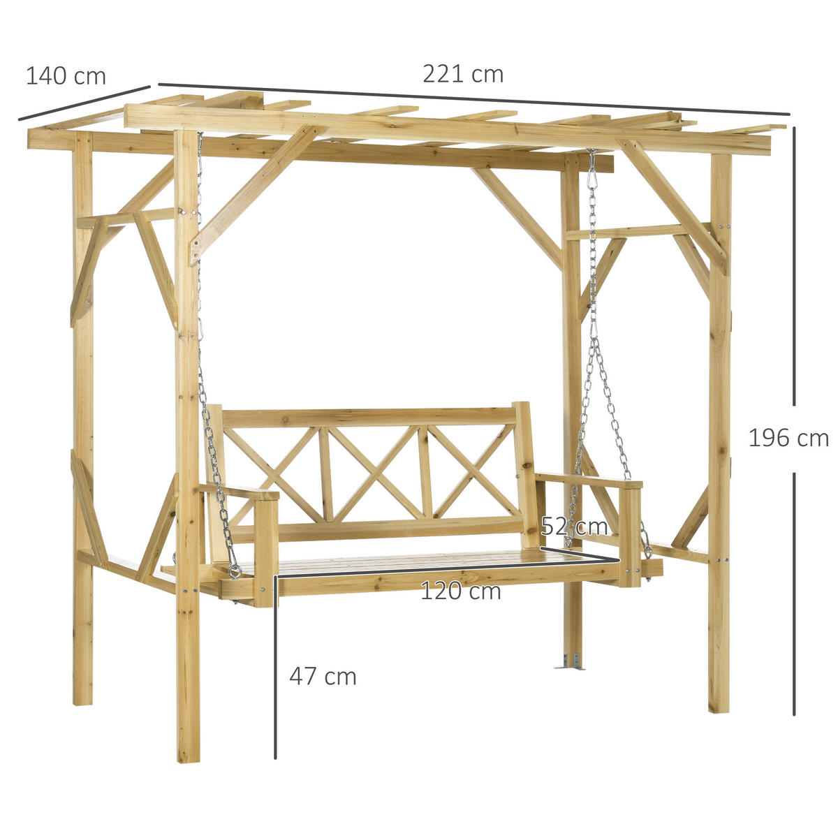 HOLLYWOODSCHAUKEL mit Pergola, Massivholz, Natur, 221 x 140 x 196 cm - Naturfarben, Holz (140/196/221cm) - Outsunny