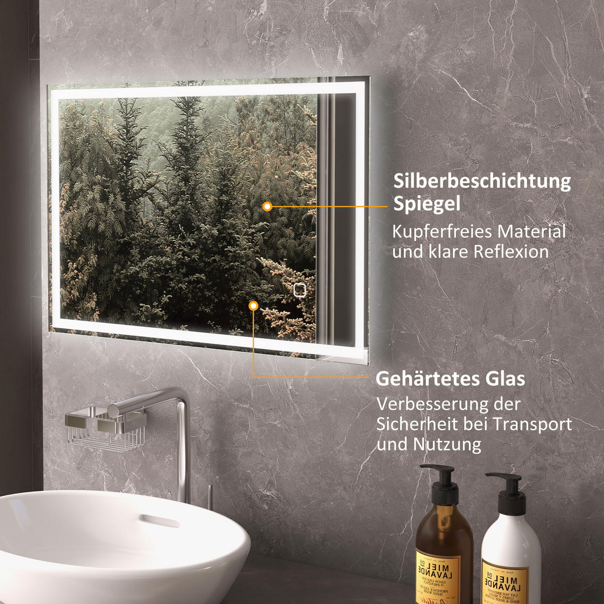 BADSPIEGEL, Badezimmerspiegel mit LED-Leuchte, 70 x 50 cm Wandspiegel, IP44 - Silberfarben, Glas (50/4/70cm) - HOMCOM