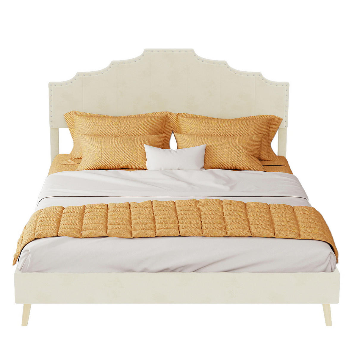 POLSTERBETT 140/200 mit geometrischem Kopfteil und Hollandwollstoff in Beige - Beige, Holzwerkstoff/Textil (140/200cm) - EVRYAE