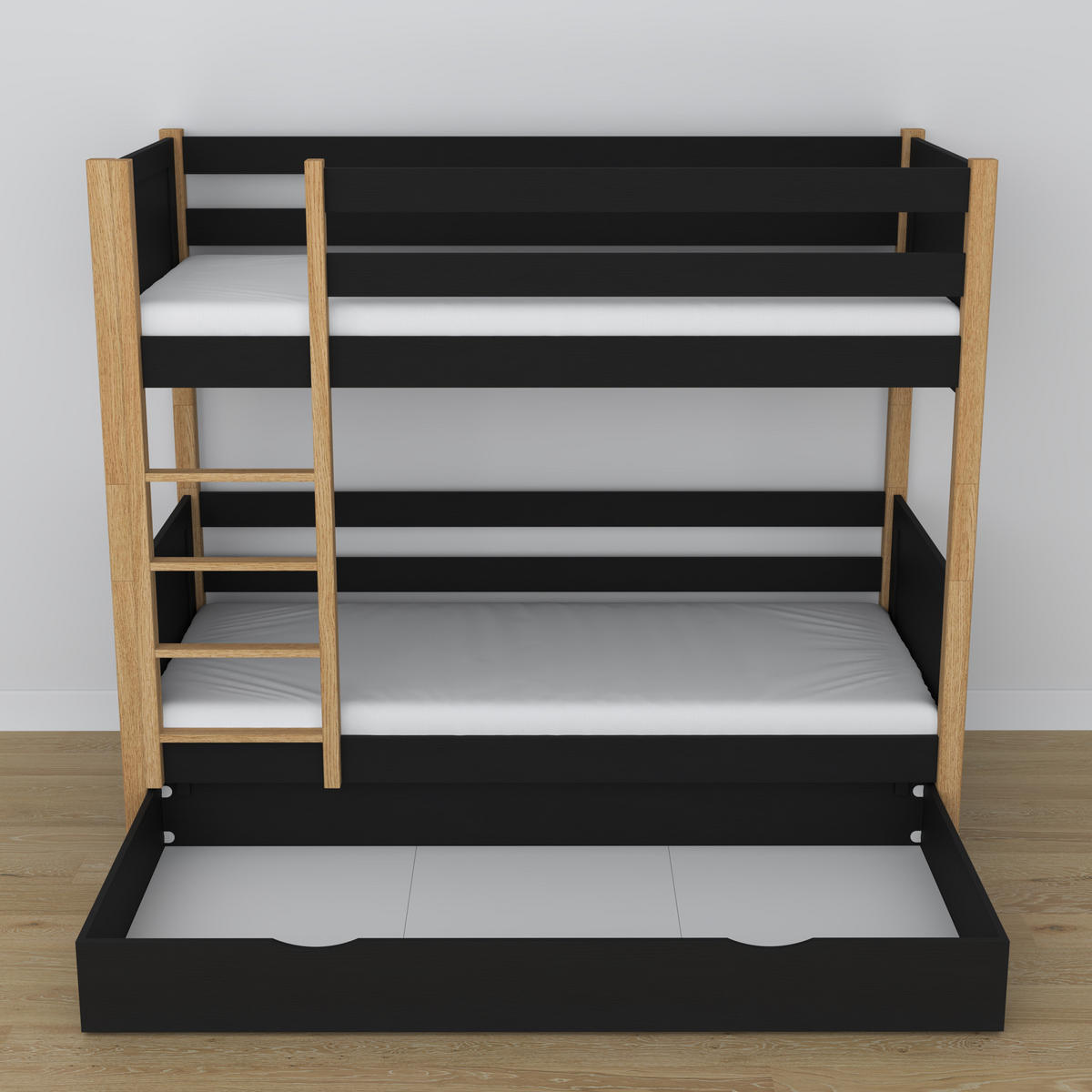 ETAGENBETT N02 mit Schublade Schwarz / Eiche Natur 80/180 - Schwarz/Eiche Artisan, Naturmaterialien/Holz (80/180cm) - N-Wood