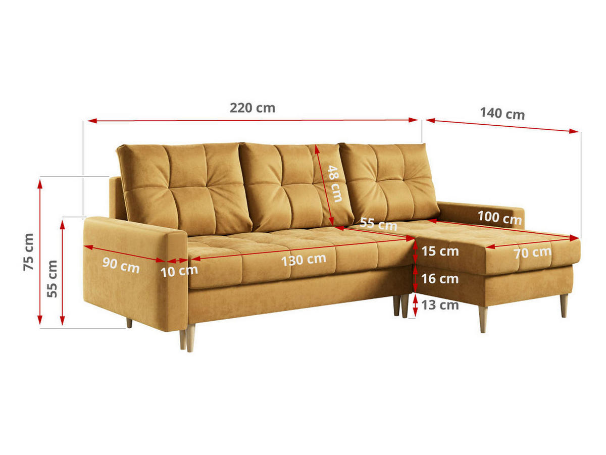 ECKSOFA Astra Gelb Velvet - Gelb/Braun, Holz/Textil (220/140cm) - MKS