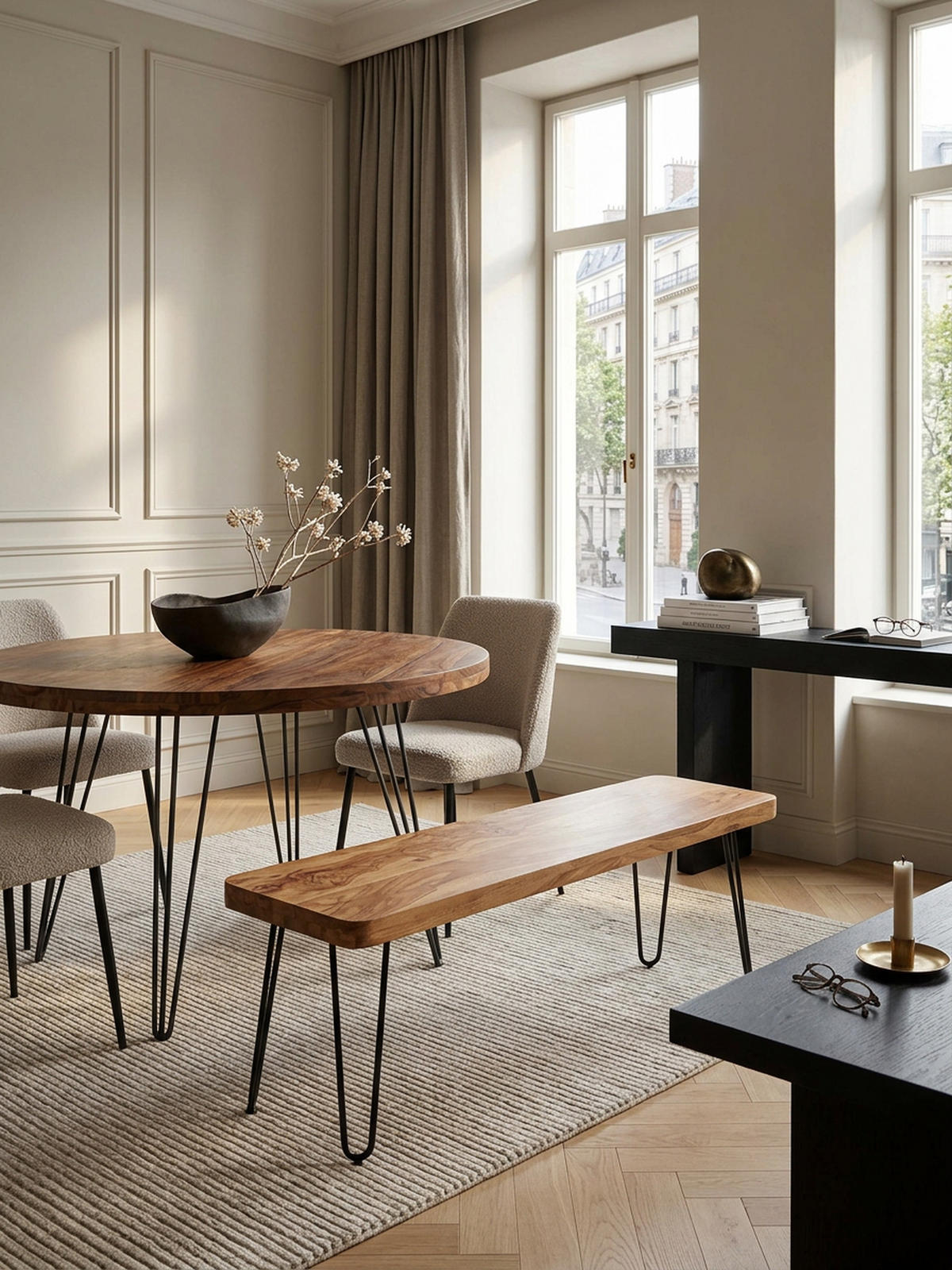 SITZBANK BALU Massivholz Metallbeine Landhausstil, Beige 120x40x45 cm - Beige/Schwarz, Holz/Metall (120/45/40cm) - KADIMA DESIGN