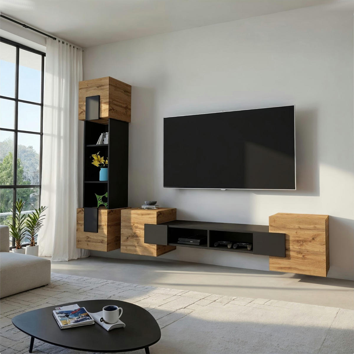 LOWBOARD TV TORINO Hängend + Stehend, Mattes Finish, Schwarz + Eiche Wotan - Eiche Wotan/Schwarz, Holzwerkstoff/Kunststoff (181/40/35cm) - Komodee