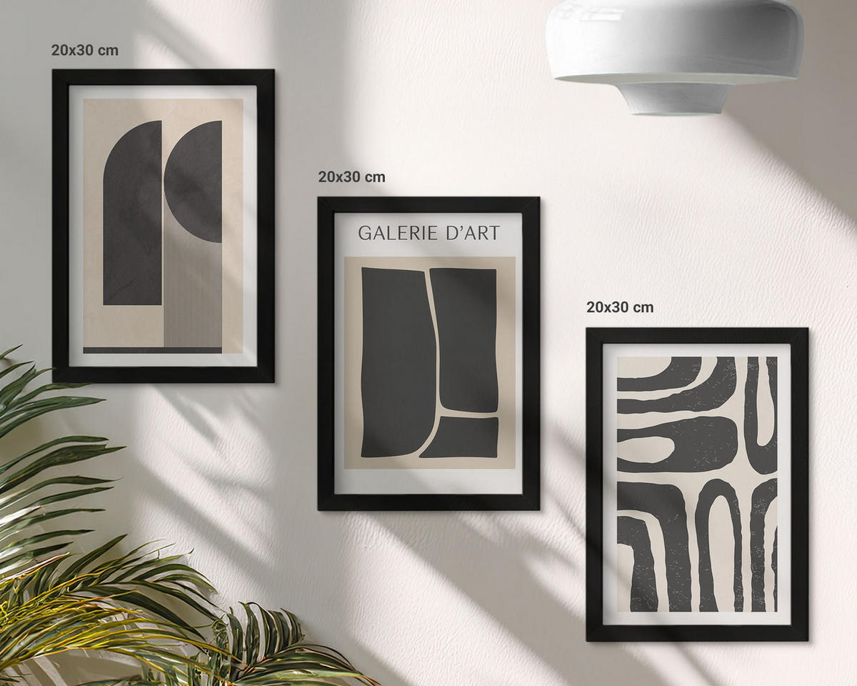 BILDER SET 3er Set - 20x30 cm Schwarzer Rahmen - Abstrakte minimalistische Poster - Schwarz, Kunststoff (20/30cm) - TULUP