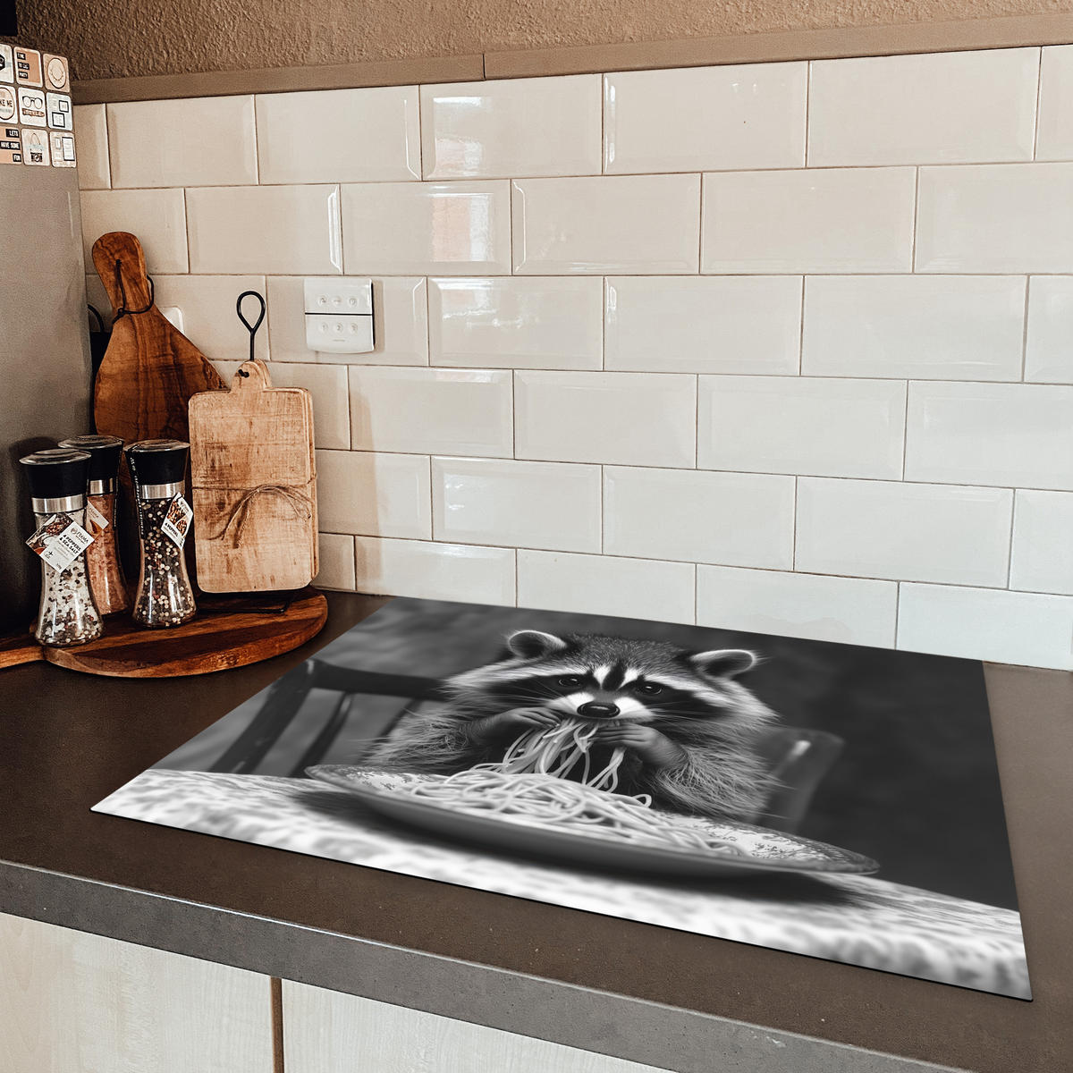 HERDABDECKPLATTE Waschbär - Niedlich - Pasta - Tischtuch - Schwarz - Weiß Herdabdeckung Induktionsfeld 70x52 cm - Grau, Kunststoff (70/52/0.2cm) - MuchoWow