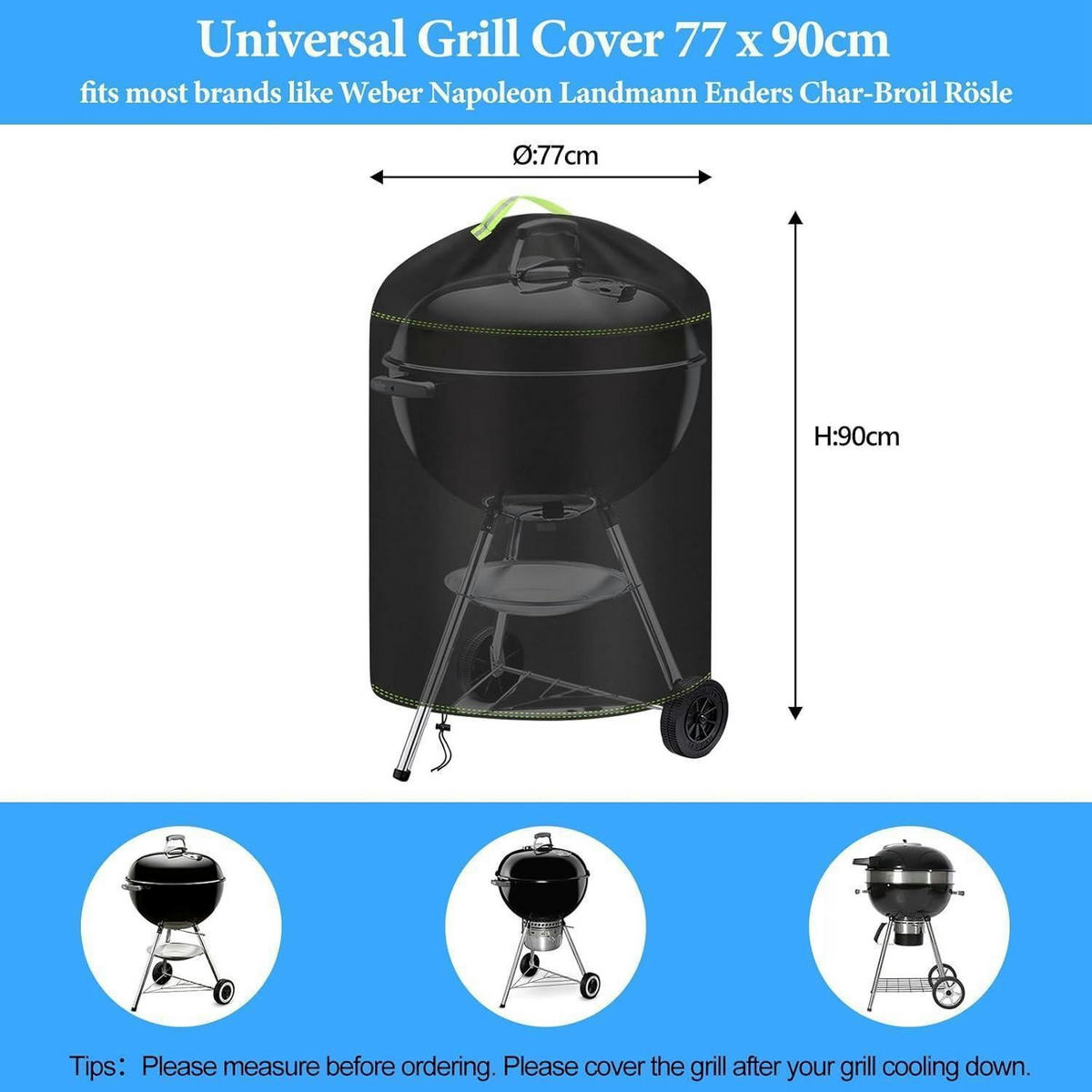 KUGELGRILL Abdeckung Ø77 x 90 cm Wetterfest 420D Oxford - Schwarz, Kunststoff (77/117/44cm)