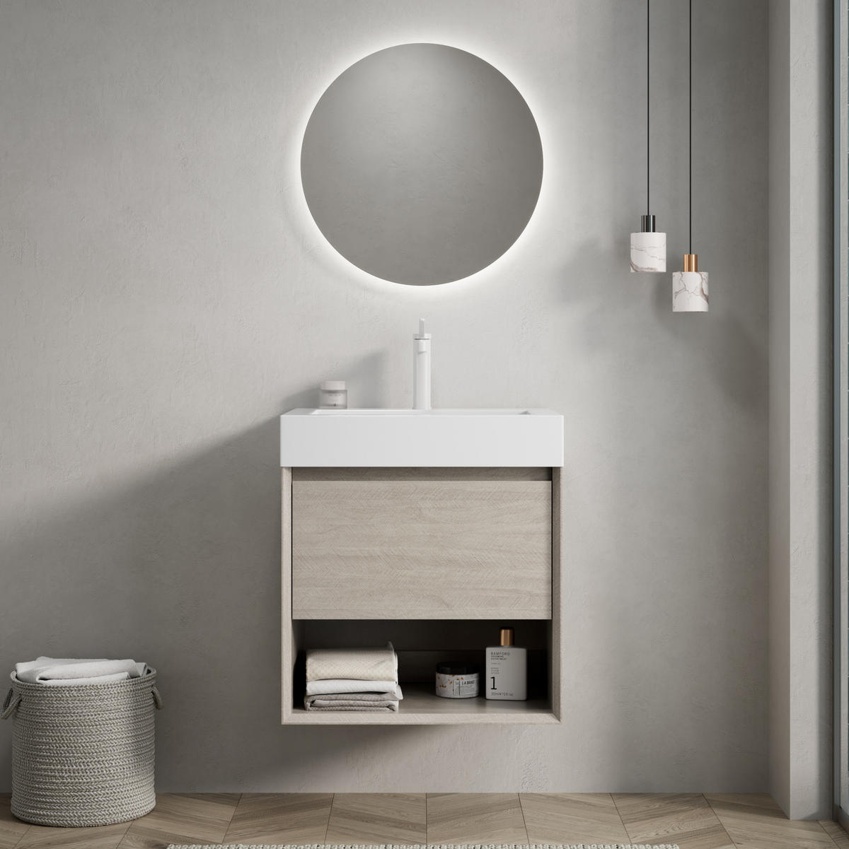 WASCHTISCHKOMBI 55 cm in Eiche/Weiß mit Soft-Close-Schublade und offenem Fach - Creme, Kunststoff (55/60/46cm) - BEAOK