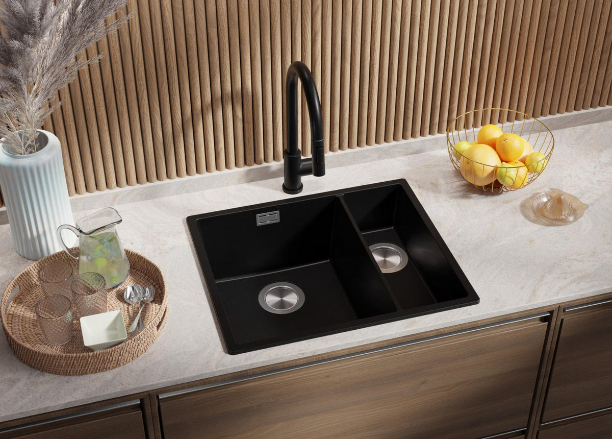 SPÜLBECKEN London Slim Duo, 2-er set Schwarz 56/47 cm 1,5 Becken + Ablauf-Set ab 60er Unterschrank - Chromfarben/Schwarz, Kunststoff (56/20/47cm) - Primagran