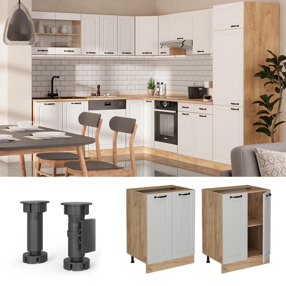 KÜCHENUNTERSCHRANK R-Line Weiß Landhaus 60 cm ohne Arbeitsplatte - Honigeiche/Eiche Wotan, Holzwerkstoff (60/81.6/46cm) - Vicco