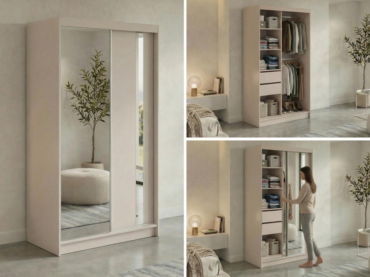 SCHWEBETÜRENSCHRANK mit Schubladen 120 - GRECJA - Kaschmir mit Spiegel - Kaschmir/Alufarben, Holzwerkstoff/Metall (120/216/61cm) - MKS