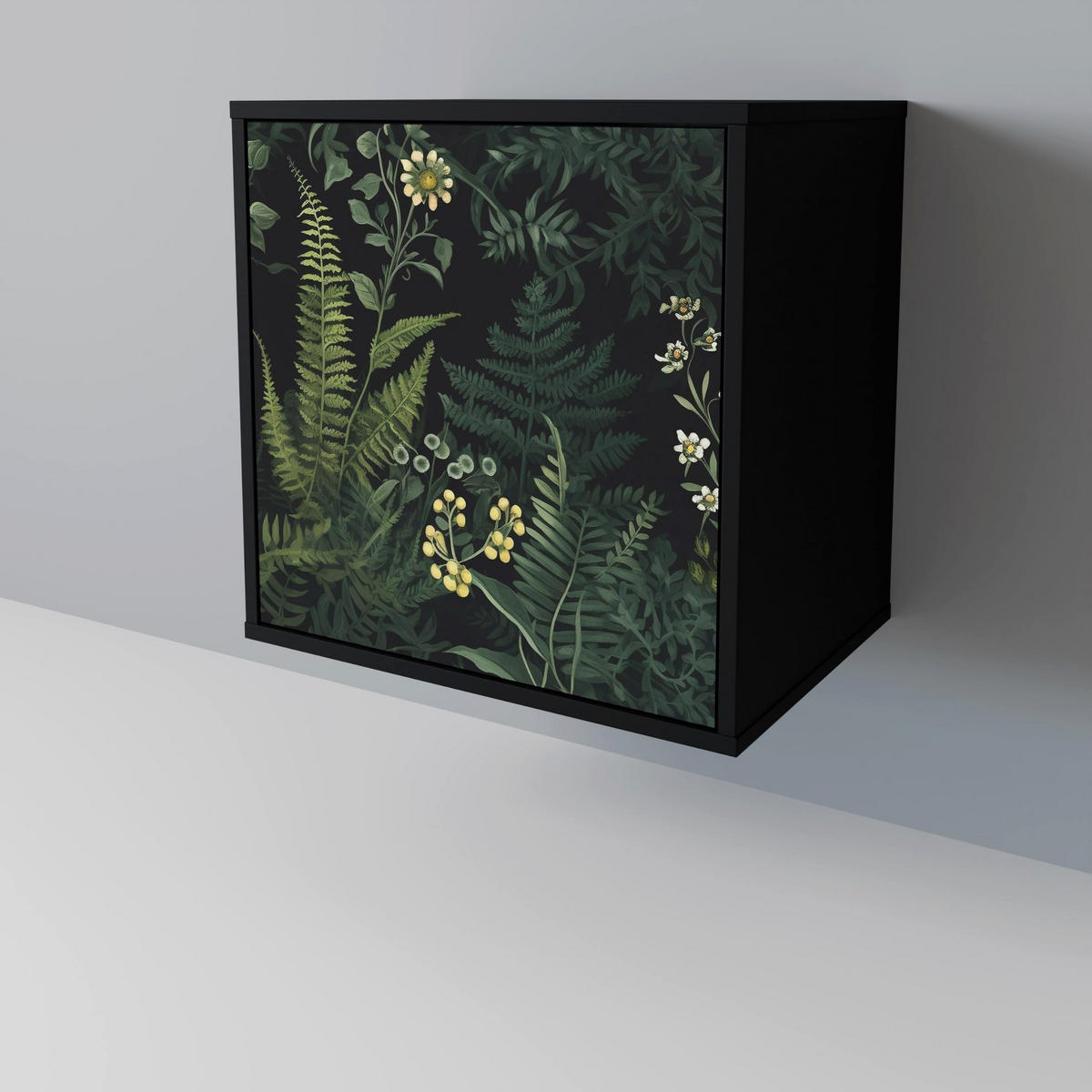 SIDEBOARD FERN FLOWERS, Schwarz, 57,5x42x72,5 cm, Schwarze Metallfüße - Multicolor/Schwarz, Holzwerkstoff/Metall (57.5/72.5/42cm) - SpaceRebels