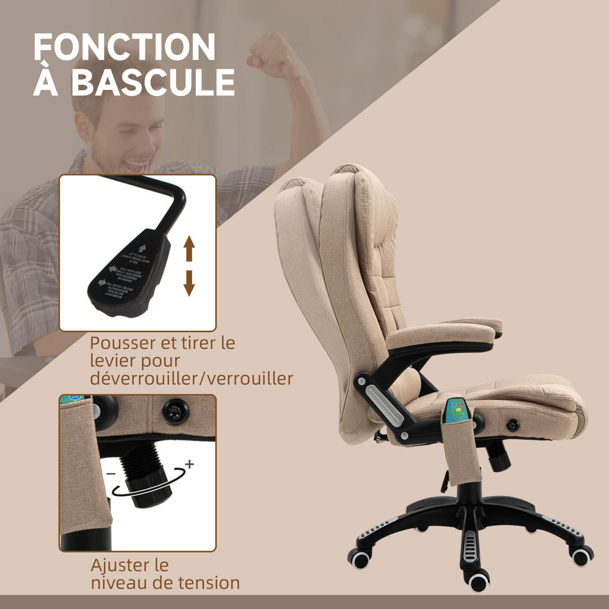 CHEFSESSEL DE-11661 mit Massage & Heizfunktion Beige - Beige, Textil (74/116/67cm) - ComfortXL