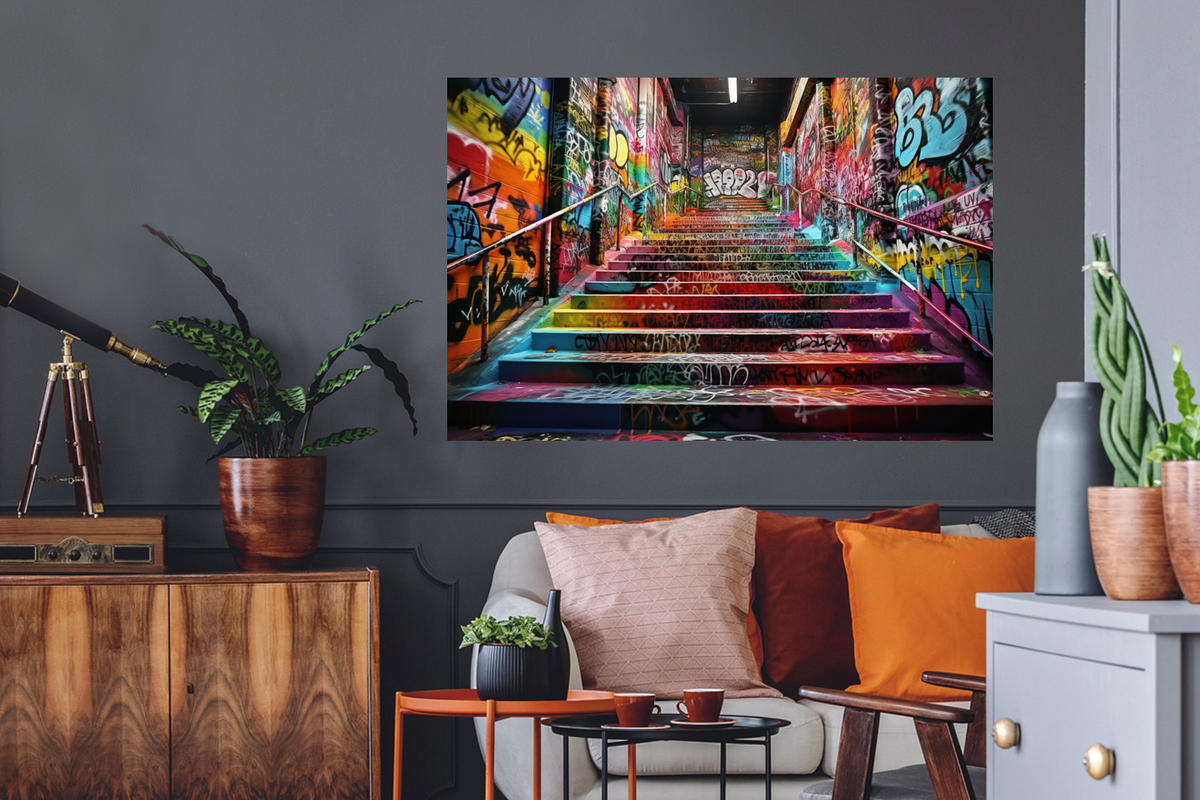 WANDTATTOO Treppe - Graffiti - Farben - Kunst 120x80 cm - Multicolor, Kunststoff (120/80/0.1cm) - MuchoWow