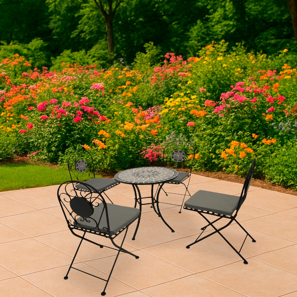 BISTROSET Derby - 5-teilig (4x Klappstuhl, 1x Tisch 60cm rund) aus schwarz pulverbeschichtetem Eisen - Grau, Metall - TPFGarden