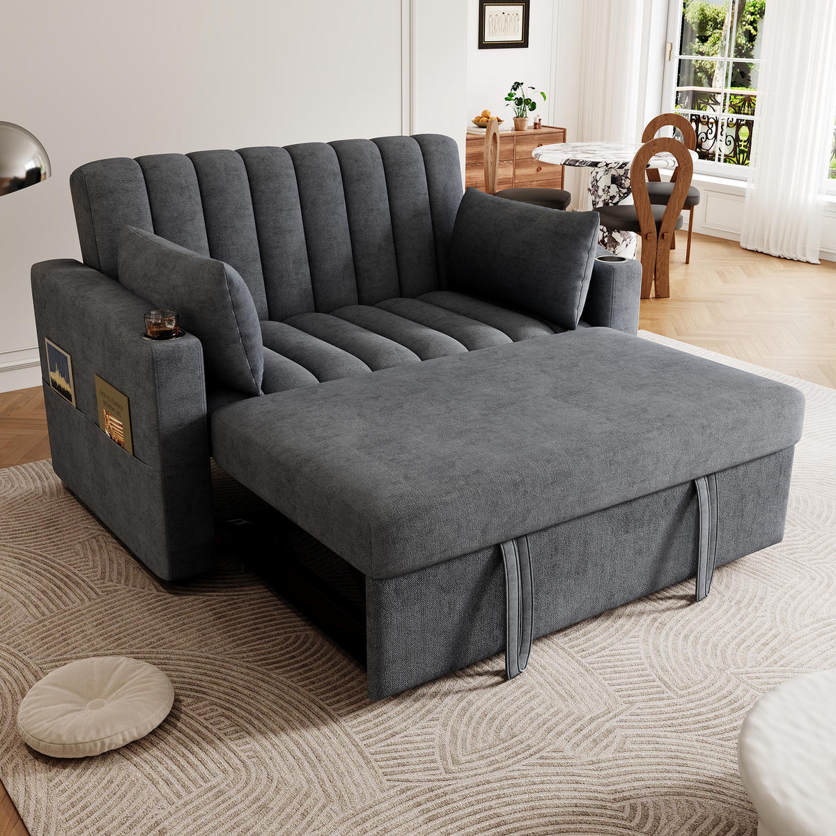 SCHLAFSOFA 2-Sitzer Baumwollstoff mit 3-fach verstellbarer Rückenlehne und Getränkehalter Grau 136/162/84 cm - Grau, Textil (84/136/162cm) - Redom