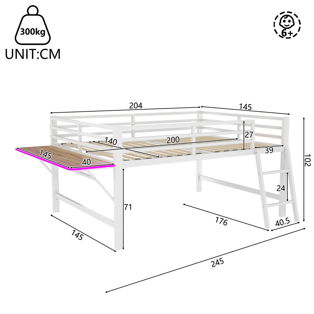 VYSOKÁ posteľ 140/200 cm biela z kovu s bočnicami rebríkom skladacím stolom a LED osvetlením - biela, kov (140/200cm) - OKWISH