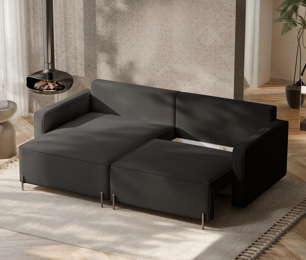 ECKSOFA LEO Links, mit Schlaffunktion und Bettkasten, Anthrazit - Anthrazit, Textil/Metall (229/148cm) - Idohome
