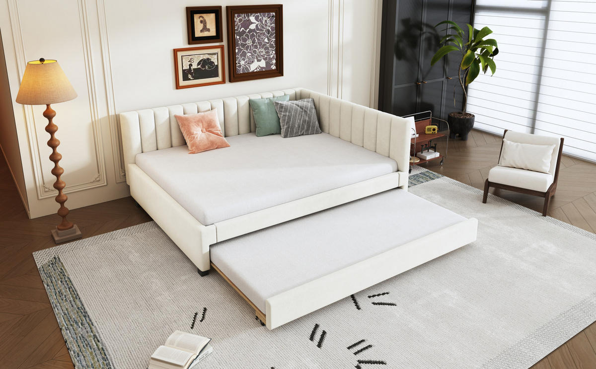 POLSTERBETT 140/200 cm Beige aus Samtstoff mit Ausziehbett - Beige, Leder (140/200cm) - OKMYHOME