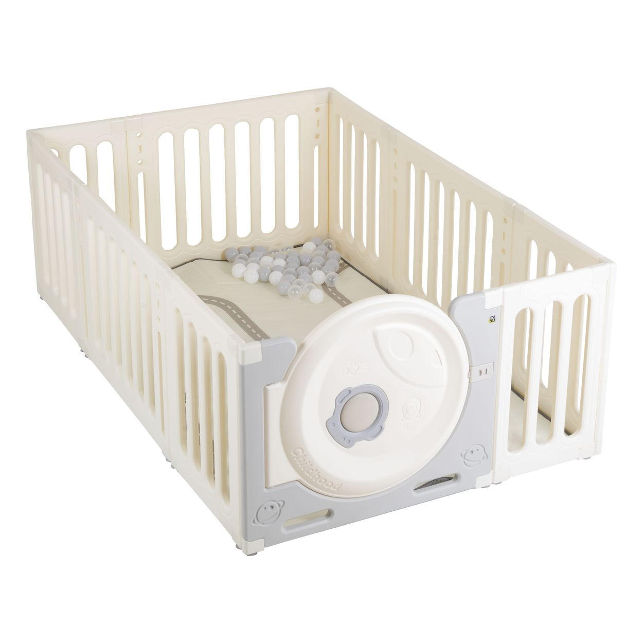 LAUFSTALL Cubby Land beige 180 x 114 cm, Laufgitter, Spielmatte, 50 Bälle, Tür, einfache Montage - Beige, Kunststoff (114/63/180cm) - Moni
