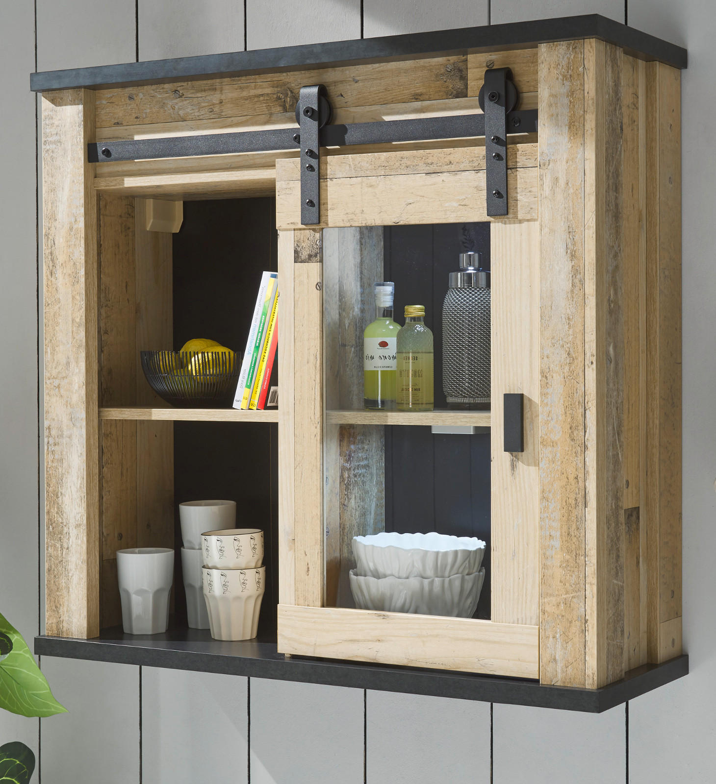 HÄNGESCHRANK Used Wood hell, anthrazit 93 cm Vintage, Küchenschrank mit Schiebetür - Anthrazit/Schwarz, Glas/Holzwerkstoff (93/90/31cm) - Furn.Design