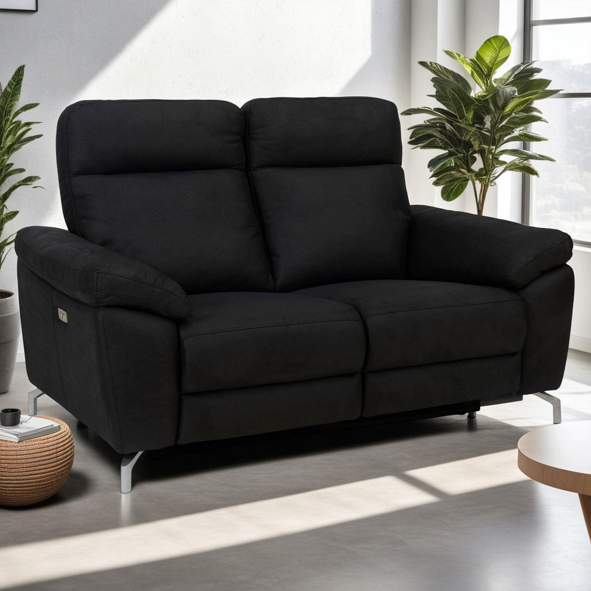 ZWEISITZER-SOFA Mikrofaser Schwarz - Schwarz, Leder/Metall (162/101/96cm) - Furnhouse