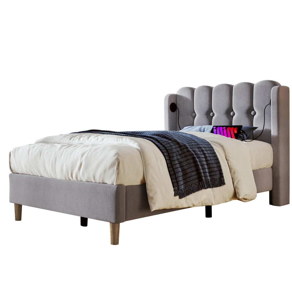 POLSTERBETT 90/200 cm mit USB-C und Lattenrost, grau, gepolstertes Kopfteil - Grau, Textil (90/200cm) - BEAOK