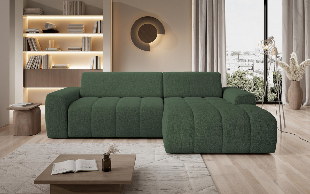 ECKSOFA Savio Freistehend, mit Abriebfestem Kansas-Stoff, Maße 265x172x81 cm, Ausziehbare Sitzfläche 206x92 cm, Rechte, – Grün - Grün, Holz/Textil (265/172cm) - DomoHome
