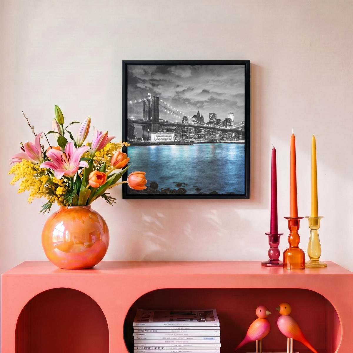LEINWAND Bilder mit Rahmen - New York - Skyline - Stadt - Blau - 20x20 - Blaugrau, Textil (20/20cm) - MuchoWow