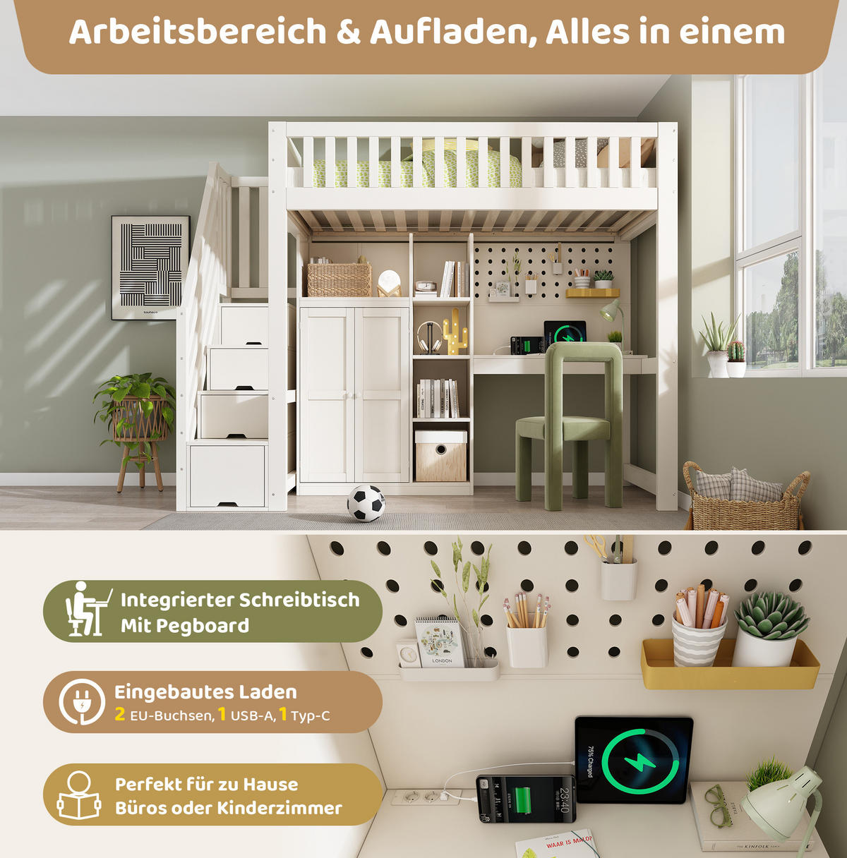 HOCHBETT 90/200 cm Weiß mit Schreibtisch, Kleiderschrank und Stauraum - Weiß, Holz (90/200cm) - MIVRAY