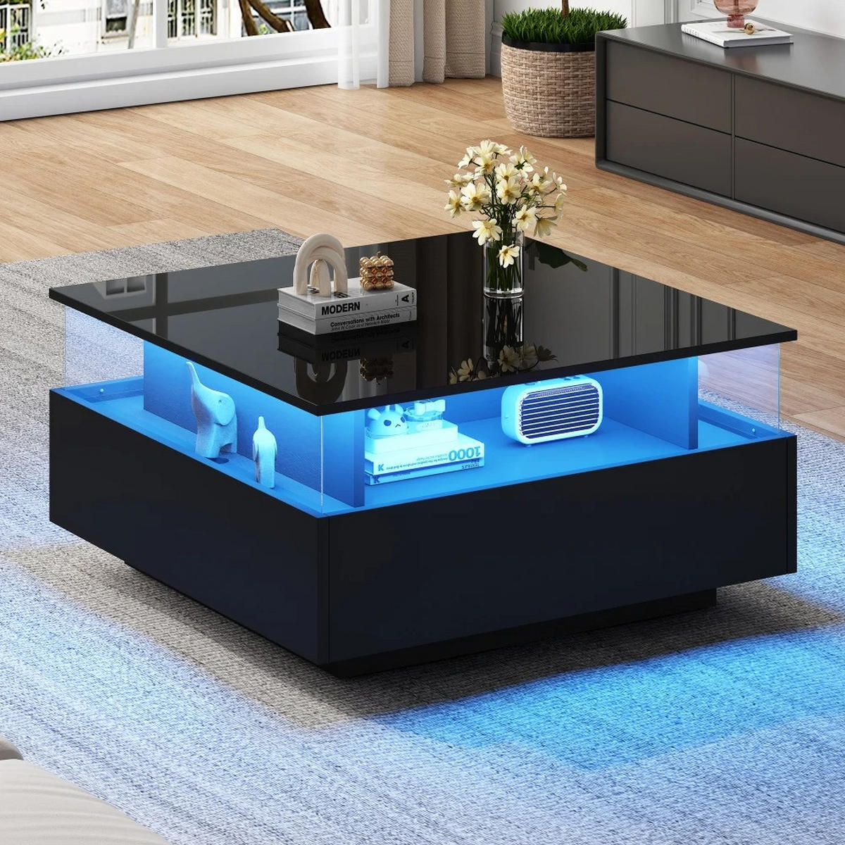 COUCHTISCH, Hochglanz-LED, Schwarz, 70 x 70 x 41 cm, mit Schubladen - Schwarz, Holzwerkstoff (70/70/41cm) - Kaket