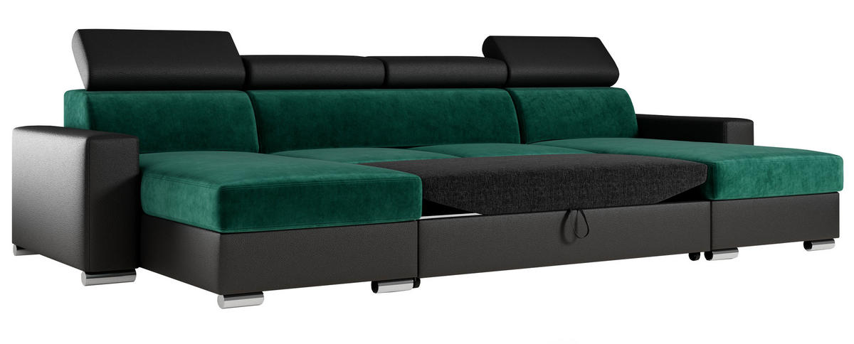 WOHNLANDSCHAFT FOX U Dunkelgrün/Schwarz - Velvet/Kunstleder - Dunkelgrün/Silberfarben, Kunststoff/Textil (306/98/168cm) - MKS