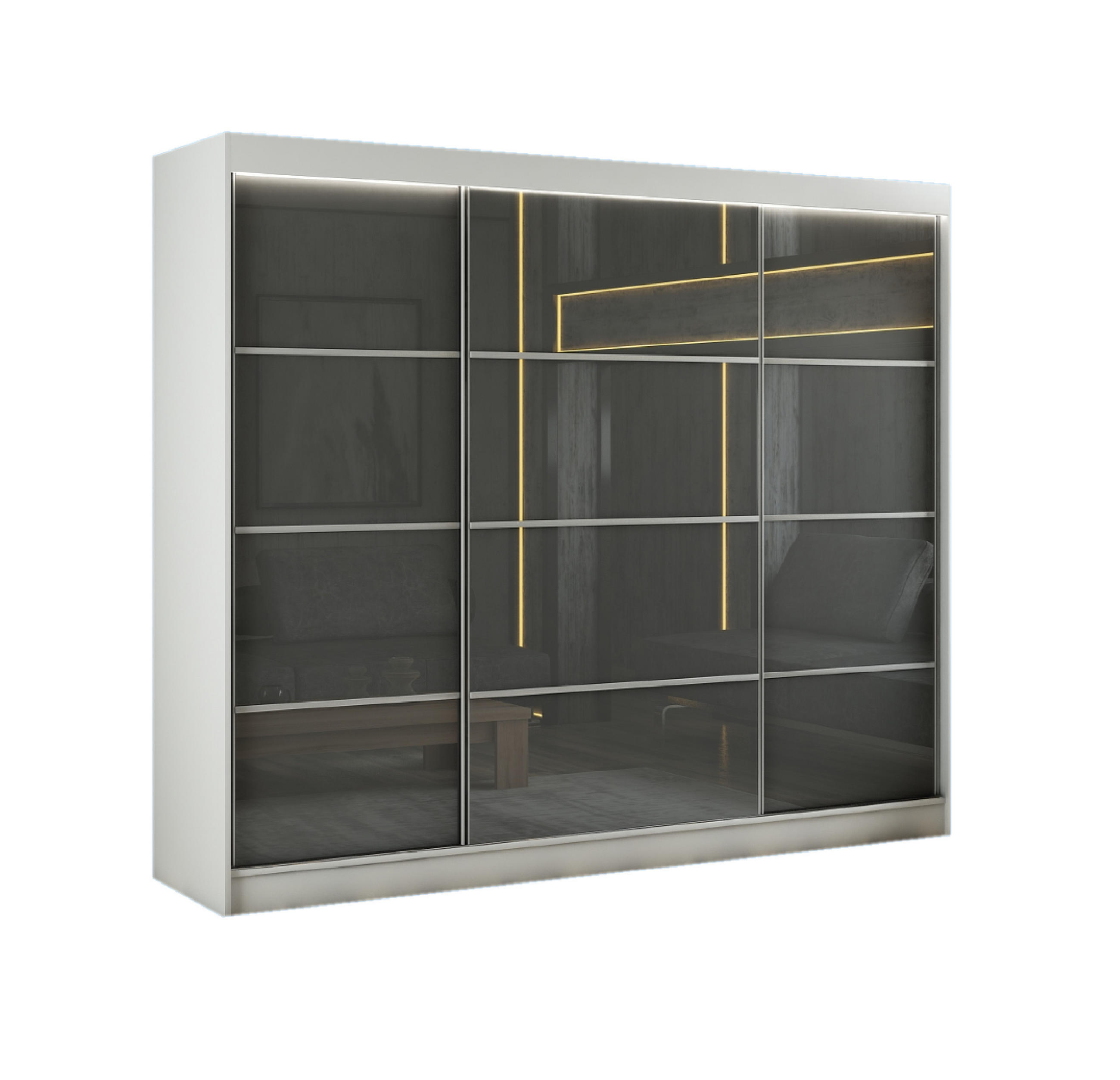SCHWEBETÜRENSCHRANK Porto III 250 cm 3-türig, weiß, lacobel grau, Sprosse - Weiß/Grau, Kunststoff (250/215/61cm) - Margaret Hadas24
