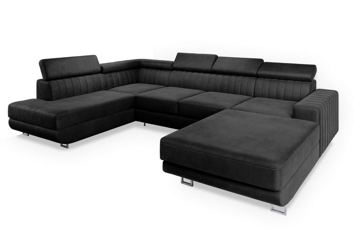 WOHNLANDSCHAFT SIENA L-S Schwarz Velours-Stoff mit Schlaffunktion - Schwarz, Holz (335/89/190cm) - MASSENO