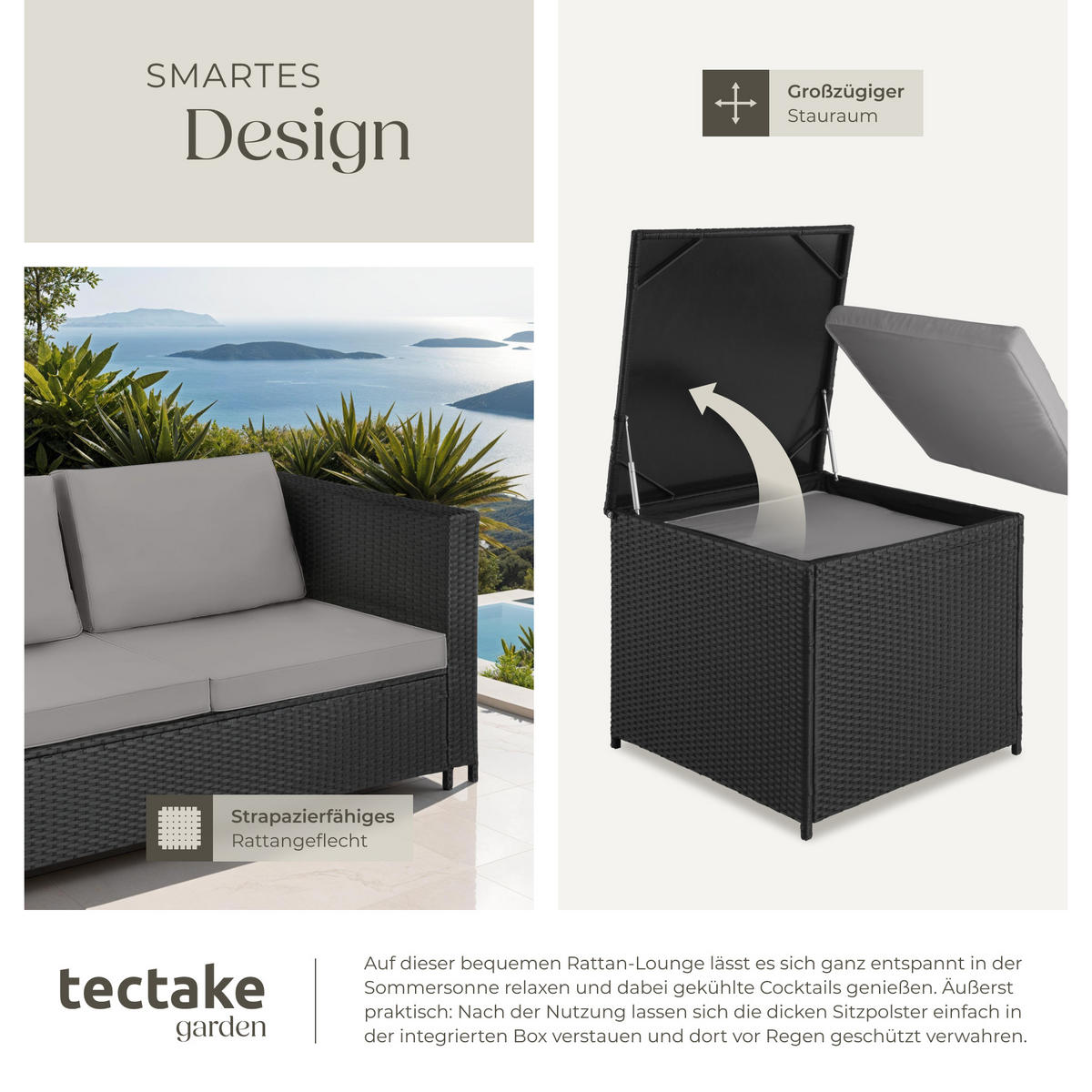RATTANLOUNGE Siena,mit Sicherheitsglasplatte,schwarz/grau - Schwarz/Grau, Kunststoff - tectake