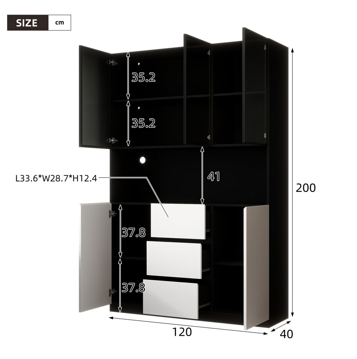 VITRINE aus MDF 120x40x200cm in Schwarz mit LED-Beleuchtung - Schwarz, Holzwerkstoff (120/200/40cm) - Modfu