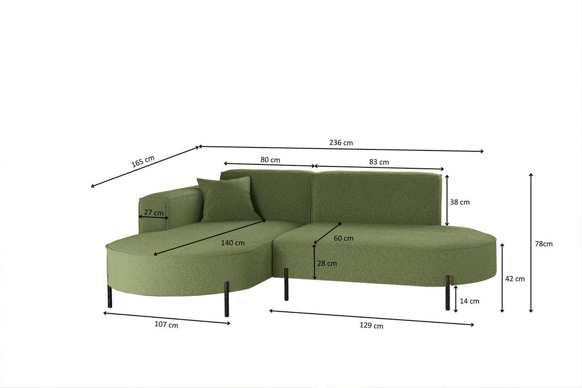 ECKSOFA L-Form Designer Modena Rein Stoff Quelle Olive Links - Olivgrün, Holz/Textil (165/236cm) - Kaiser Möbel