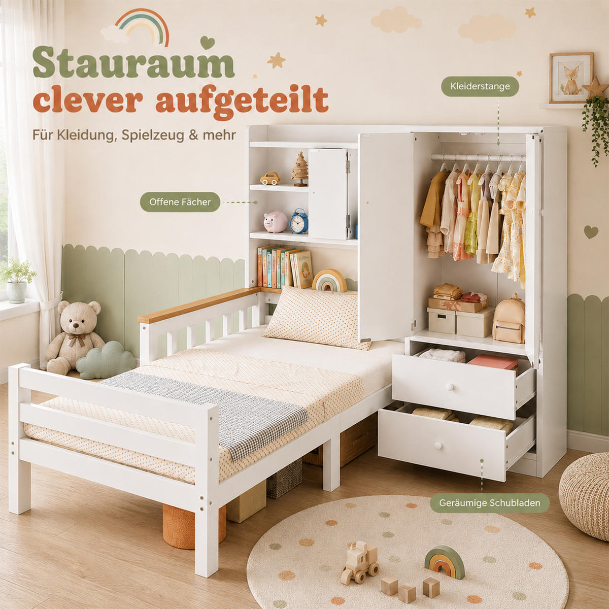 KINDERBETT 90/200 mit Kleiderschrank, Rausfallschutz & Schubladen, Holz, Weiß - Weiß, Holz (90/200cm) - LVHOM