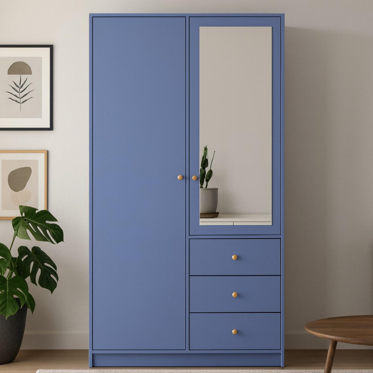 DREHTÜRENSCHRANK Solea Lux mit 2 Türen und 3 Schubladen, Blau - Blau/Goldfarben, Holzwerkstoff (100/200/57.5cm) - Beautysofa
