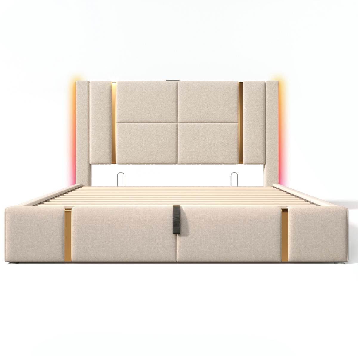 POLSTERBETT aus Leinen 160x200 cm in Beige mit LED-Beleuchtung & USB-C - Beige, Textil (160/200cm) - Modfu