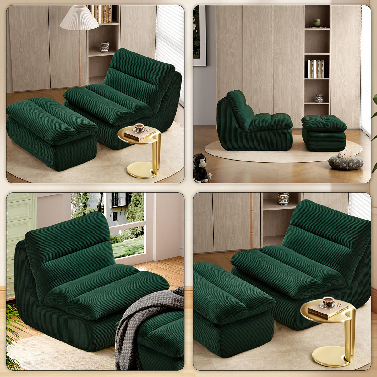 LIEGESESSEL 81/101/75 cm Grün mit Fußhocker Ergonomische Unterstützung für Wohnzimmer - Grün, Textil (101/75/81cm) - OKWISH