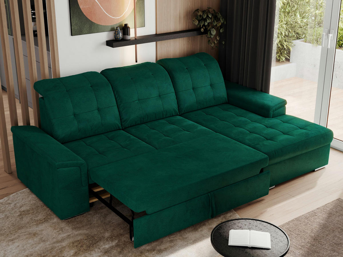 ECKSOFA MADRITO L - Dunkelgrün Velorus - Rechts - Dunkelgrün/Silberfarben, Textil/Metall (256/160cm)